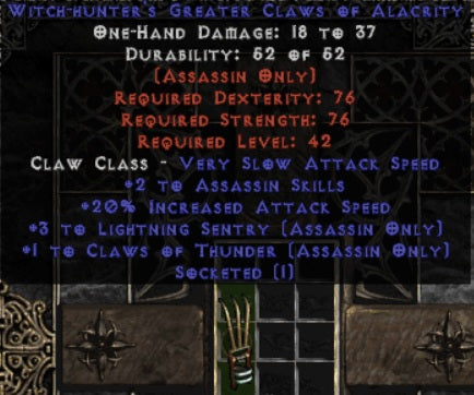 +5 Lightning Sentry / 20% Increased Attack Speed Claw (1 socket) - East Ladder